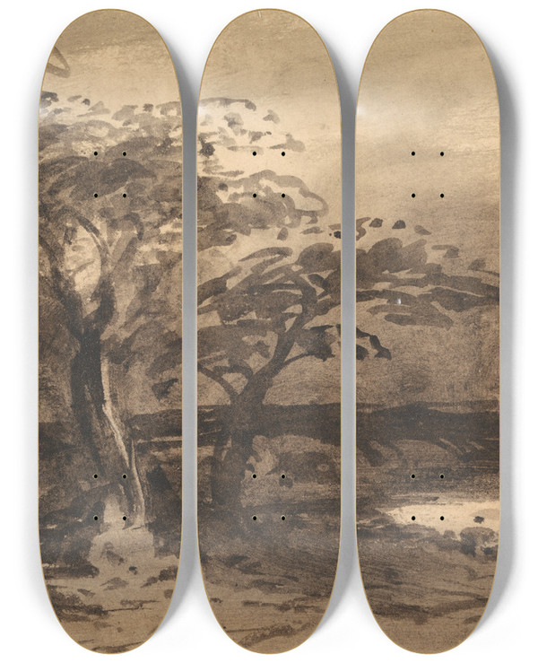 Triptych art skateboard deck of John Varley River Trees And Distant Town by John Varley (1778-1842)