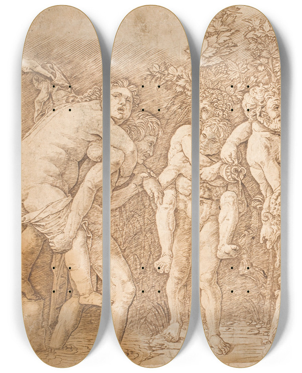 Triptych art skateboard deck of Andrea Mantegna Bakkanal Med Siln by Andrea Mantegna (1431-1506)