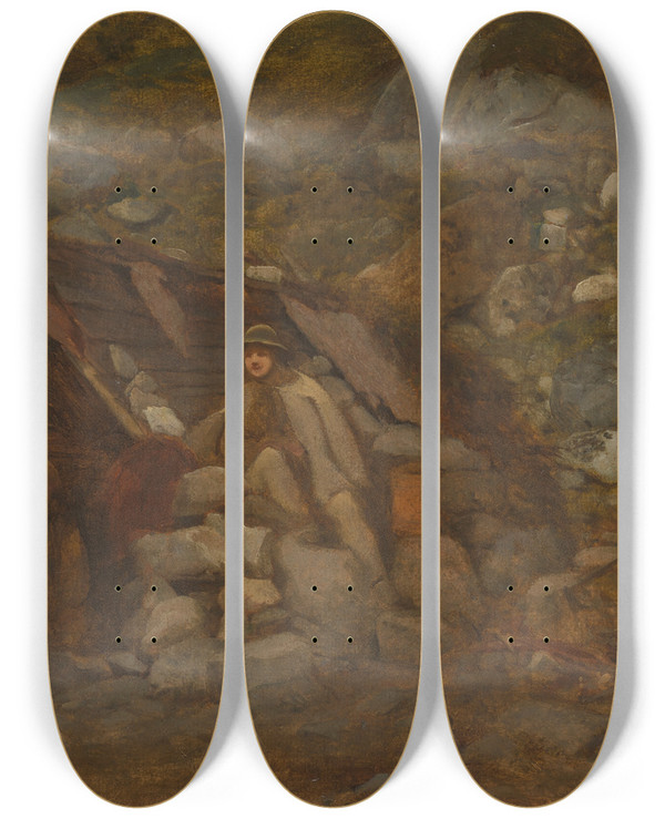 Triptych art skateboard deck of Aleksander Kotsis Highlander In Front Of A Hut by Aleksander Kotsis (1836-1877)