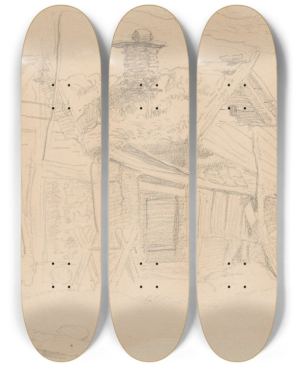 Triptych art skateboard deck of Adolph Tidemand Farmhouse by Adolph Tidemand (1814-1876)