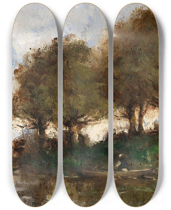 Triptych art skateboard deck of Paul Dsir Trouillebert Flussufer by Paul Desire Trouillebert (1829-1900)