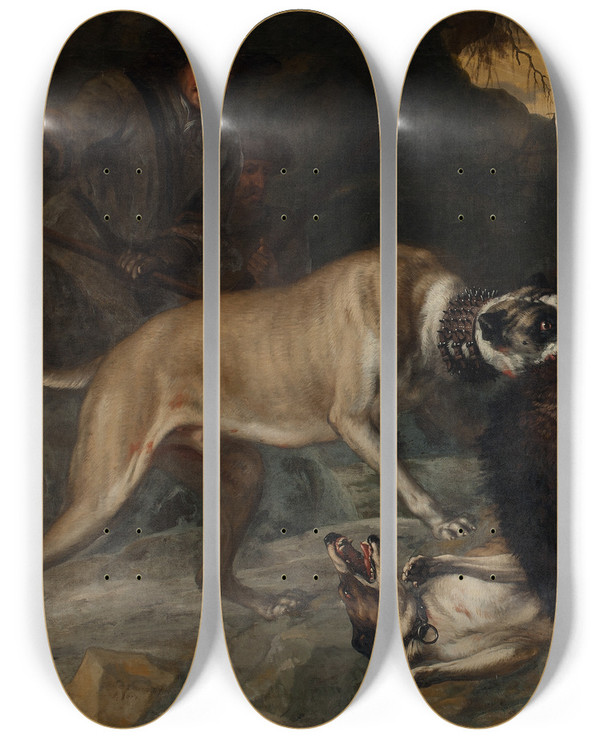 Triptych art skateboard deck of David Klcker Ehrenstrahl Bjrnjakt by David Klocker Ehrenstrahl (1628-1698)