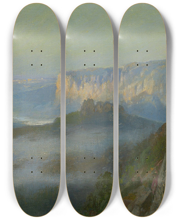 Triptych art skateboard deck of Bernhard Mhlig Nebel Im Elbsandsteingebirge by Bernhard Muhlig (1829-1910)