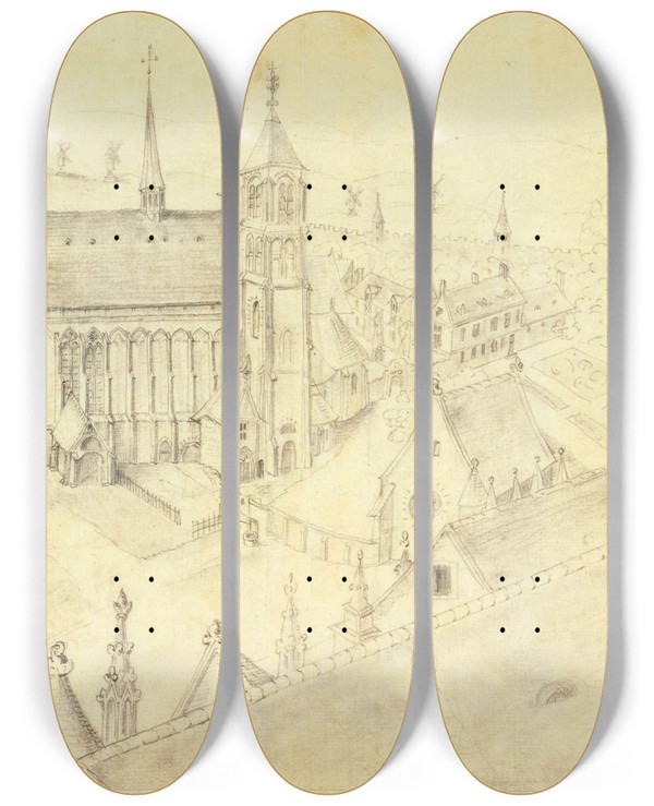 Triptych art skateboard deck of Alfred Bonnardot Abbaye Saintmartin by Alfred Bonnardot (1808-1884)