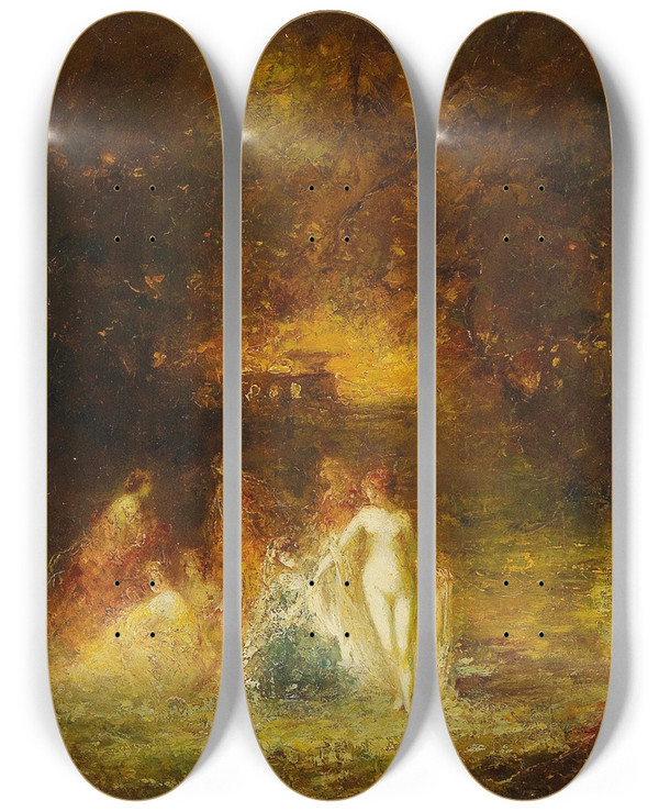 Triptych art skateboard deck of Adolphe Monticelli Women Bathing by Adolphe Monticelli (1824-1886)