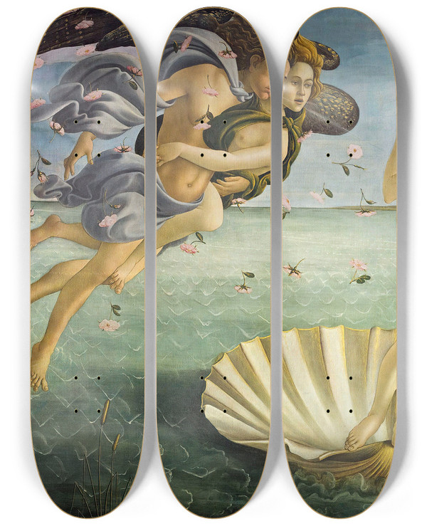 Triptych art skateboard deck of Sandro Botticelli Birth Of Venus by Sandro Botticelli (1444-1510)