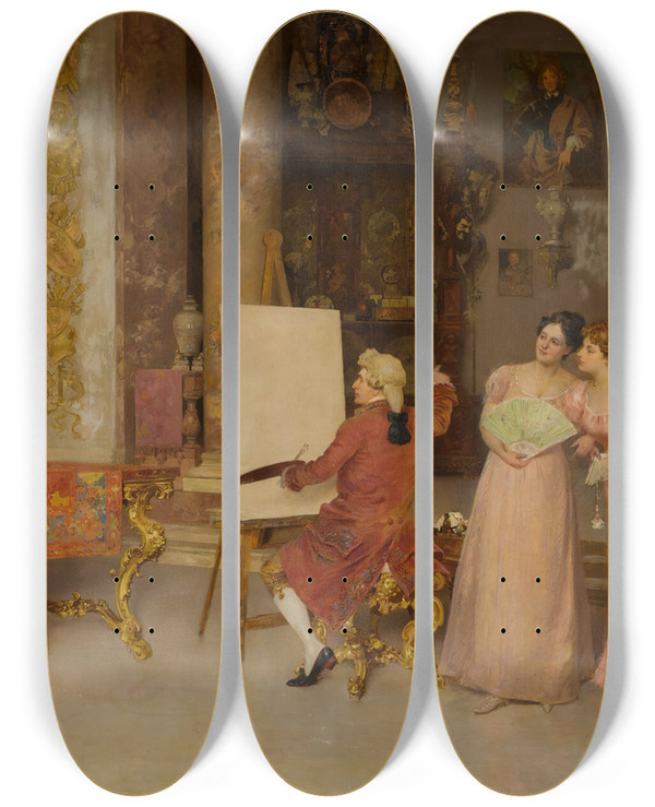 Triptych art skateboard deck of Francesco Beda The Little Model by Francesco Beda (1840-1900)