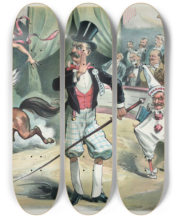 Triptych art skateboard deck of Udo Keppler The Circus Has Come by Udo Keppler (1872-1956)