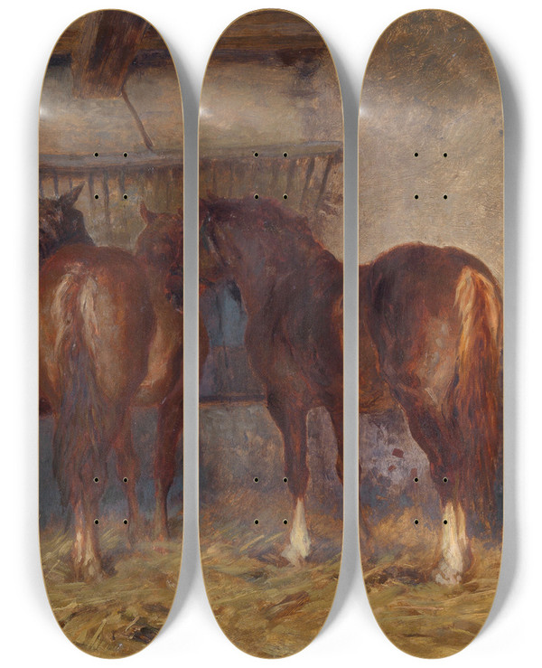 Triptych art skateboard deck of Charles Tschaggeny Horses In Stable by Charles Tschaggeny (1815-1894)