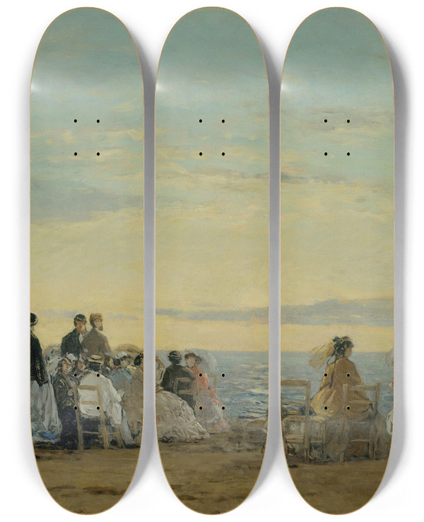 Triptych art skateboard deck of Eugne Boudin On The Beach Sunset by Eugene Boudin (1824-1898)