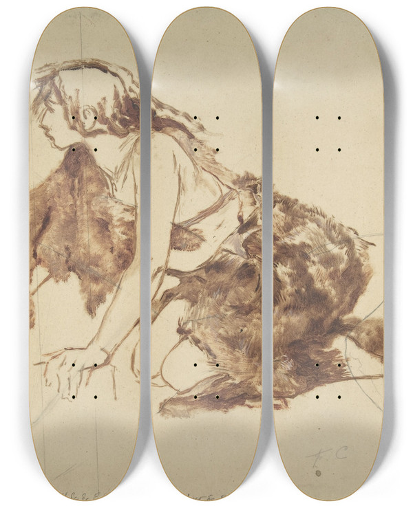 Triptych art skateboard deck of Fernand Cormon Crouching Woman by Fernand Cormon (1845-1924)