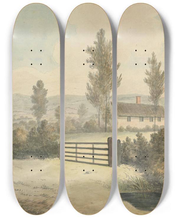 Triptych art skateboard deck of Edward Francis Burney View At Rympton by Edward Francis Burney (1760-1848)