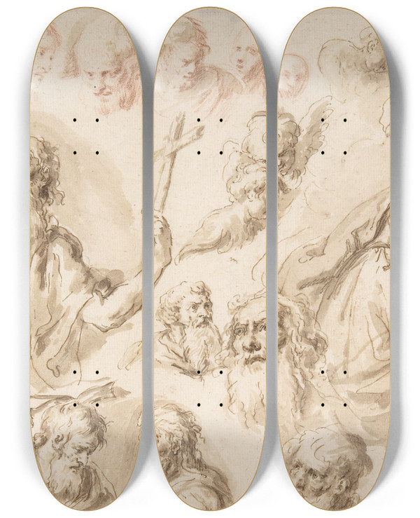 Triptych art skateboard deck of Bartholomaeus Ignaz Weiss Study For A Nativity Bearded Male Saint And Head Studies by Bartholomaeus Ignaz Weiss (1730-1814)