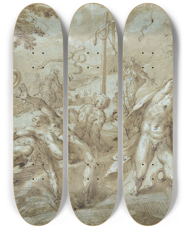 Triptych art skateboard deck of Hans Speckaert The Brazen Serpent by Hans Speckaert (1540-1577)