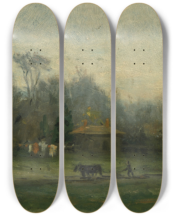 Triptych art skateboard deck of Edward Mitchell Bannister Untitled Landscape With Man Plowing Fields by Edward Mitchell Bannister (1828-1901)
