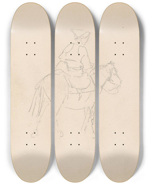 Triptych art skateboard deck of Adolph Tidemand Ridende Kvinne by Adolph Tidemand (1814-1876)