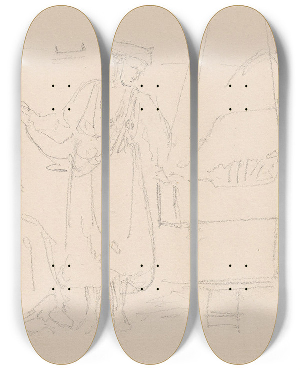 Triptych art skateboard deck of Adolph Tidemand Kvinner Og Barn I Interir by Adolph Tidemand (1814-1876)
