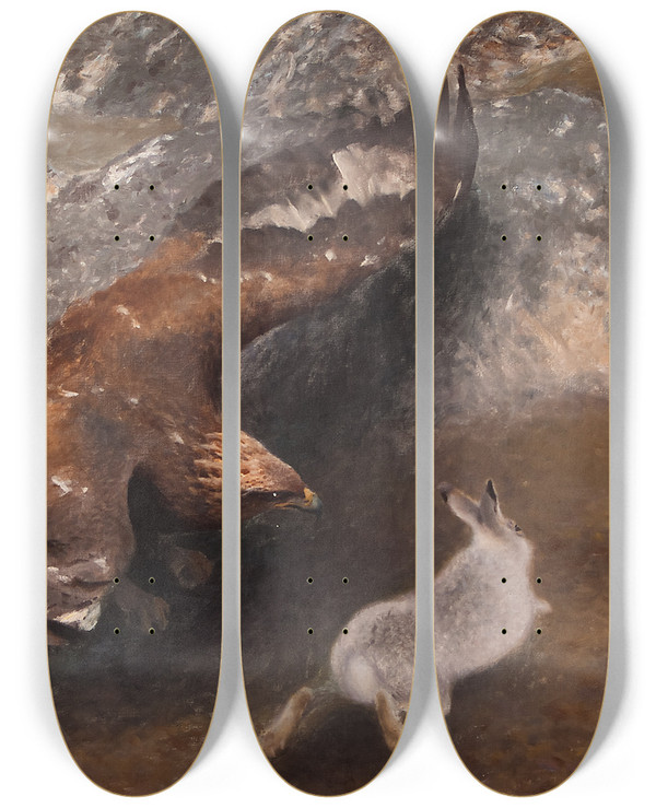 Triptych art skateboard deck of Bruno Liljefors Eagle And Hare by Bruno Liljefors (1860-1939)