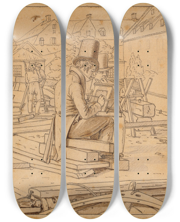 Triptych art skateboard deck of Martinus Rrbye En Kunstner Malende Ved Et Skibsvrft by Martinus Rorbye (1803-1848)