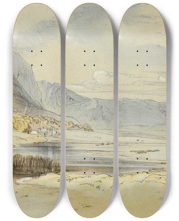 Triptych art skateboard deck of Edward Lear Thermopylae Greece by Edward Lear (1812-1888)