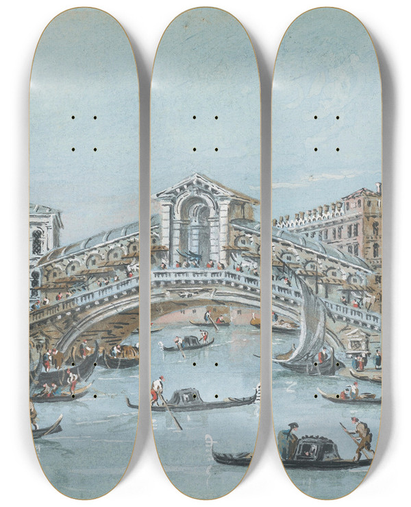 Triptych art skateboard deck of Giacomo Guardi The Rialto Bridge by Giacomo Guardi (1764-1835)
