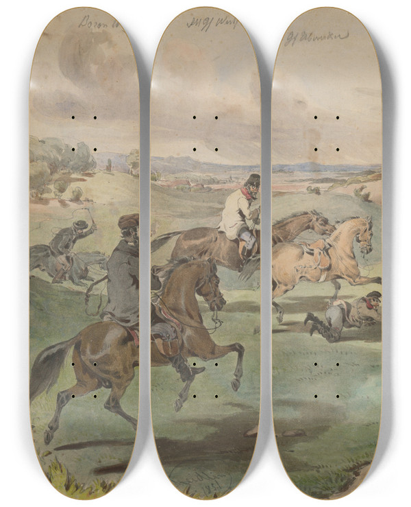 Triptych art skateboard deck of Friedrich Carl Von Scheidlin To Hunt by Friedrich Carl Von Scheidlin (1822-1913)