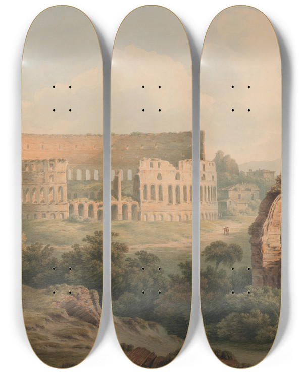 Triptych art skateboard deck of John Warwick Smith The Colosseum Rome by John Warwick Smith (1749-1831)