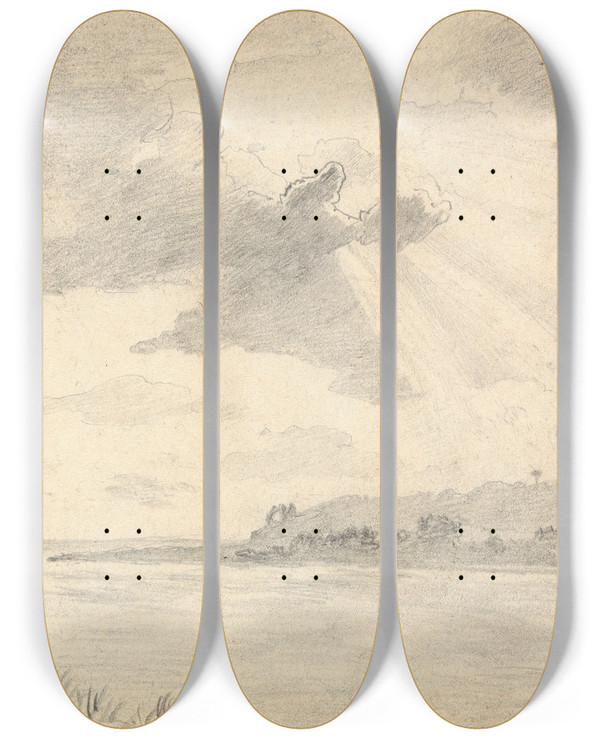 Triptych art skateboard deck of Thomas Bradshaw Sunlight On A Shoreline by Thomas Bradshaw (1767)