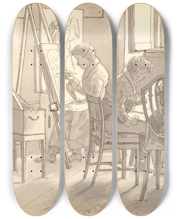Triptych art skateboard deck of Martinus Rrbye Interir Fra Akademiet Med Malende Og Tegnende Kunstnere by Martinus Rorbye (1803-1848)