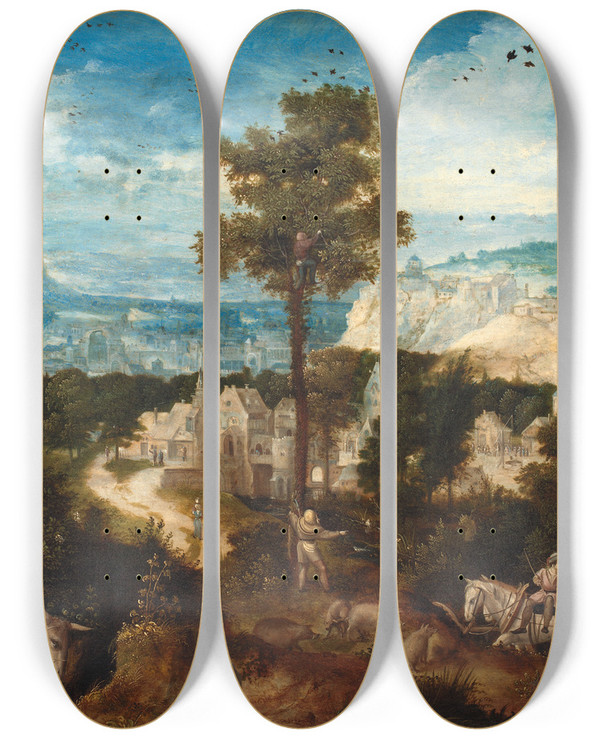 Triptych art skateboard deck of Herri Met De Bles Landscape With The Flight Into Egypt by Herri met de Bles (1510-1572)