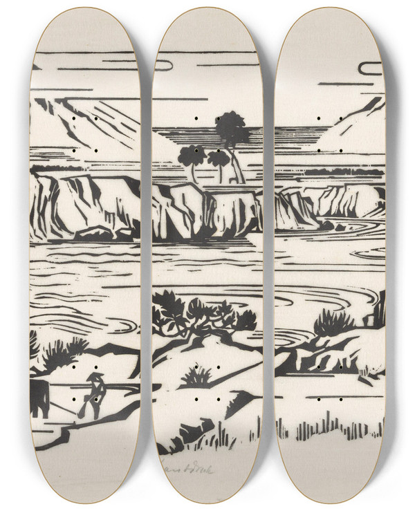 Triptych art skateboard deck of Johannes Frederik Engelbert Ten Klooster Landschap Middenjava Merbaboe Merapi Ello Rivier by Johannes Frederik Engelbert Ten Klooster (1873-1940)