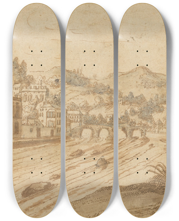 Triptych art skateboard deck of Pieter Stevens River View by Pieter Stevens (1567-1624)