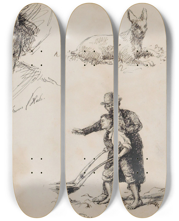 Triptych art skateboard deck of Marius Bauer Studieblad Onder Andere Met Een Kopie Naar Frans Hals by Marius Bauer (1867-1932)