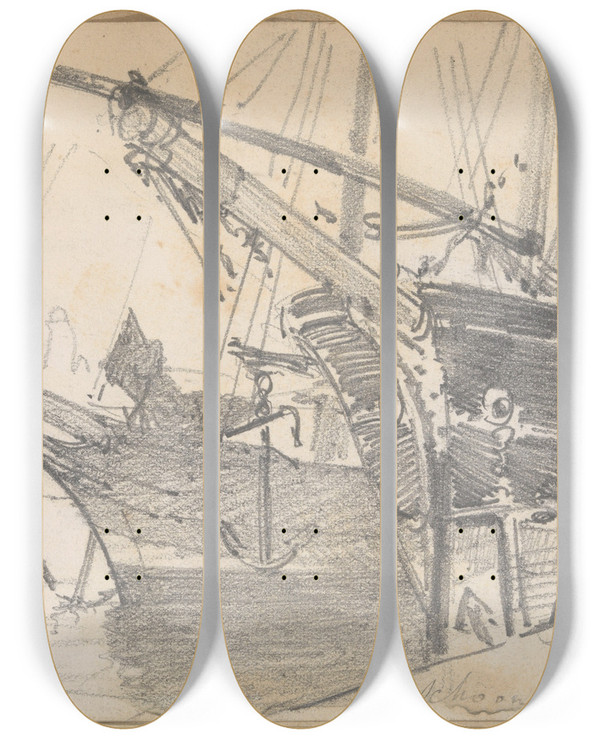 Triptych art skateboard deck of John Singer Sargent Schooner And Bark In Harbor by John Singer Sargent (1856-1925)