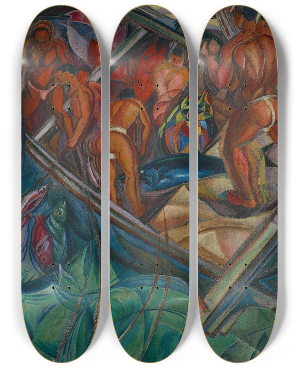 Triptych art skateboard deck of David Davidovich Burliuk South Seafishermen by David Davidovich Burliuk (1882-1967)