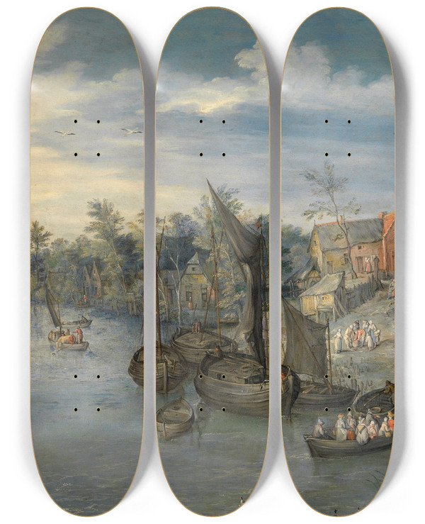 Triptych art skateboard deck of Jan Brueghel The Elder River Landscape_3 by Jan Brueghel The Elder (1568-1625)