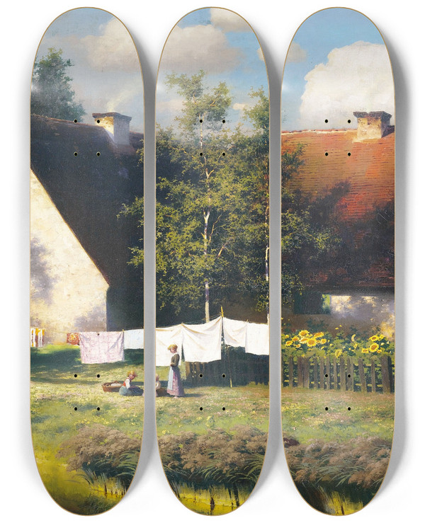 Triptych art skateboard deck of Paul Wilhelm Kellerreutlingen Sommeridyll Am Bauernhof by Paul Wilhelm Keller-Reutlingen (1854-1920)