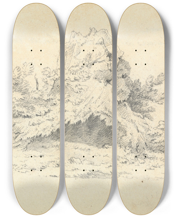Triptych art skateboard deck of Thomas Bradshaw Sketch Of Shrubbery by Thomas Bradshaw (1767)