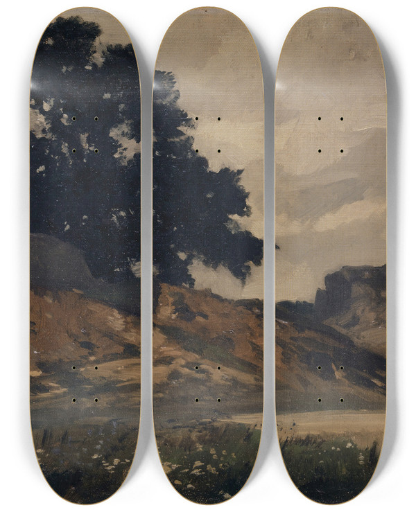 Triptych art skateboard deck of Otto Frlicher Hilly Landscape With Large Tree by Otto Frolicher (1840-1890)