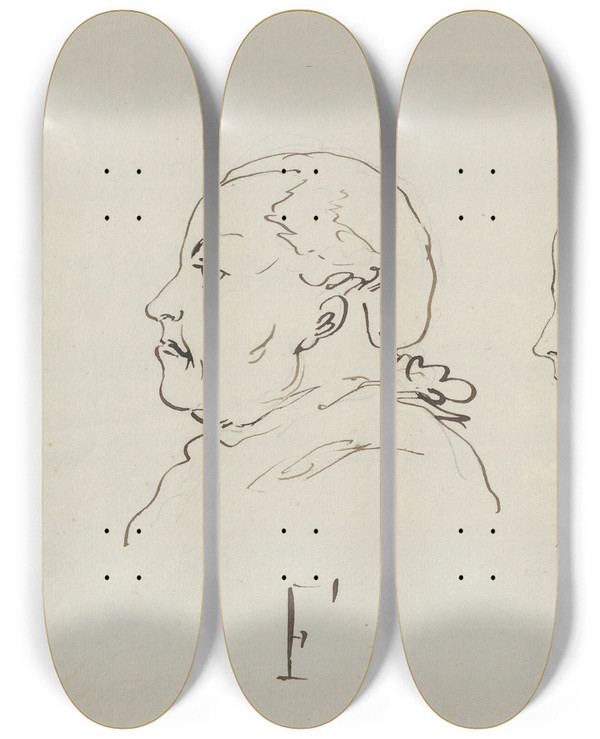 Triptych art skateboard deck of Carl August Ehrensvrd Three Portraits In Profile by Carl August Ehrensvard (1745-1800)