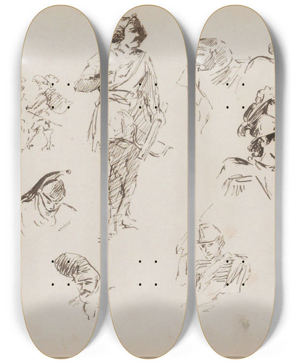 Triptych art skateboard deck of Marius Bauer Figuurstudies Onder Andere Met Een Boogschutter by Marius Bauer (1867-1932)