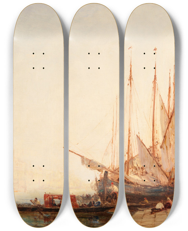 Triptych art skateboard deck of Flix Ziem Venice A Canal Scene by Felix Ziem (1821-1911)