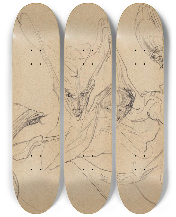 Triptych art skateboard deck of Stanisaw Ignacy Witkiewicz Dialectic Of Bovine Metaphysics by Stanislaw Ignacy Witkiewicz (1885-1939)