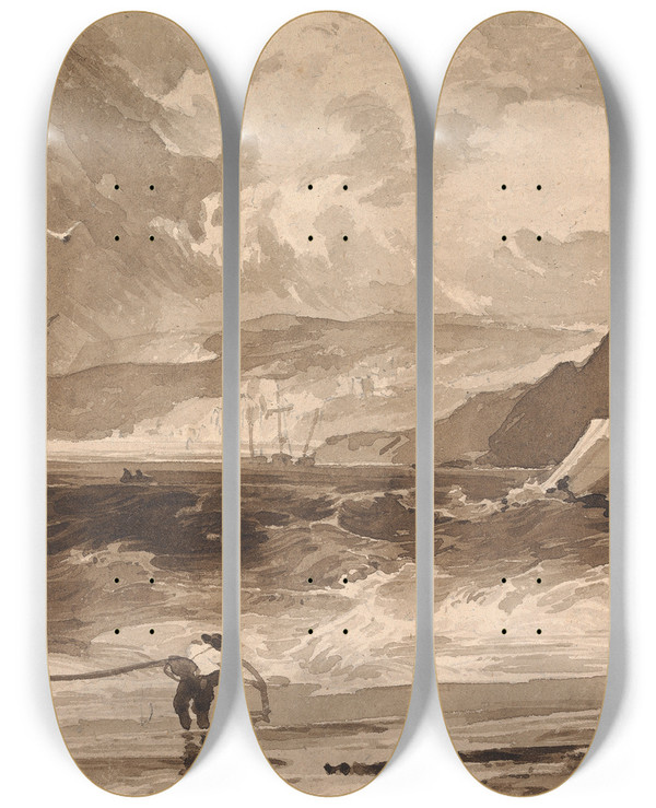 Triptych art skateboard deck of Thomas Sully Lyme Regis Dorsetshire A Squall by Thomas Sully (1783-1872)
