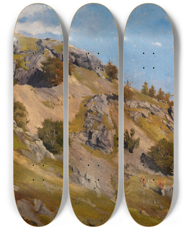 Triptych art skateboard deck of Eugen Bracht Das Prger Loch Bei Bernau by Eugen Bracht (1842-1921)