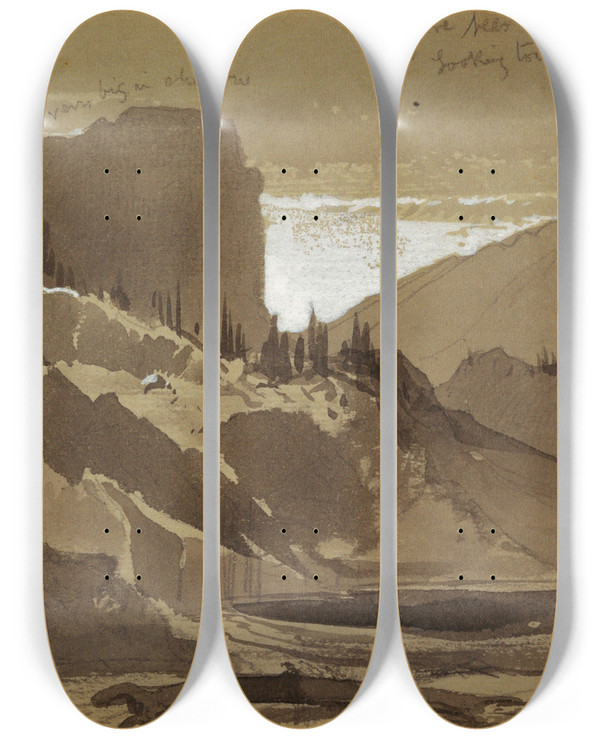 Triptych art skateboard deck of Thomas Moran Near Meadow Creek Utah by Thomas Moran (1837-1926)