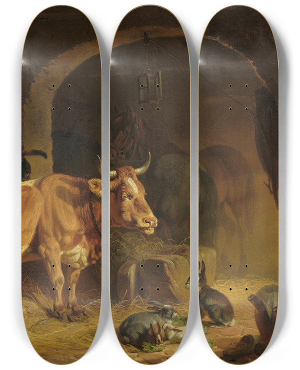 Triptych art skateboard deck of Friedrich Voltz In The Barn by Friedrich Voltz (1817-1886)