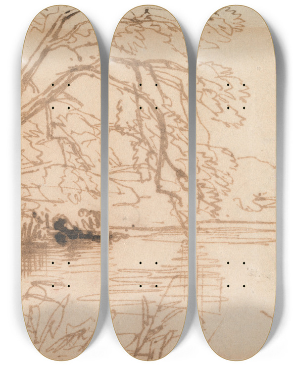 Triptych art skateboard deck of Thomas Creswick A Tree Overhanging A River by Thomas Creswick (1811-1869)