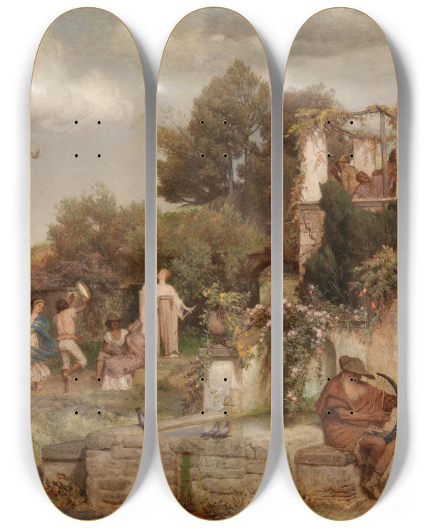 Triptych art skateboard deck of Arnold Bcklin Roman Wine Tavern by Arnold Bocklin (1827-1901)