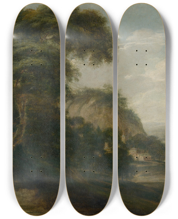 Triptych art skateboard deck of Franz Joachim Beich Landscape With Figural Staffage by Franz Joachim Beich
